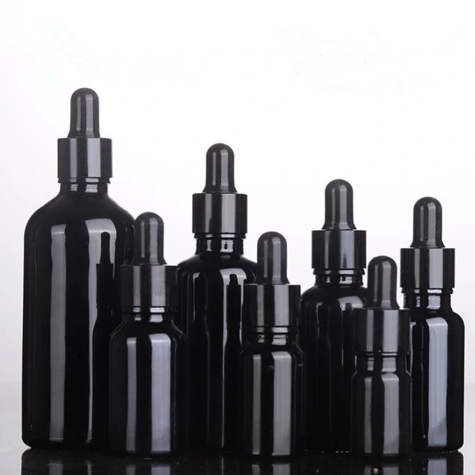 Luxury Pure Black Raw Material Essential Oil Bottle Cosmetic Packaging Glass Bottle with Dropper