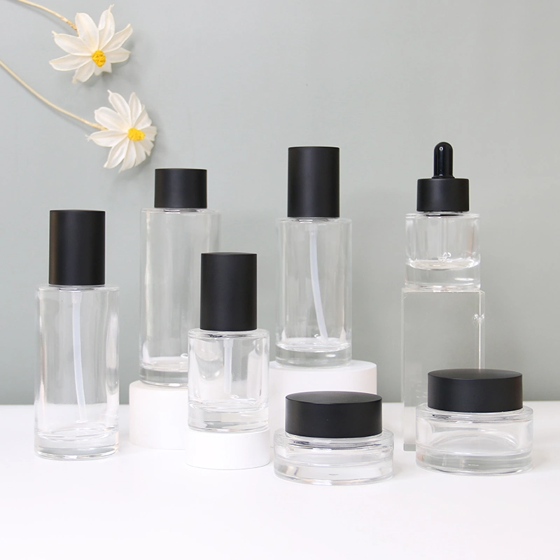 Low MOQ Luxury 100ml Set Glass Pump Bottle 30 Ml Clear Frosted Lotion Spray Pump Bottles with Plastic Cap